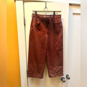 Cropped, wide-leg, high-waisted, stretchy trousers. Rust colored.